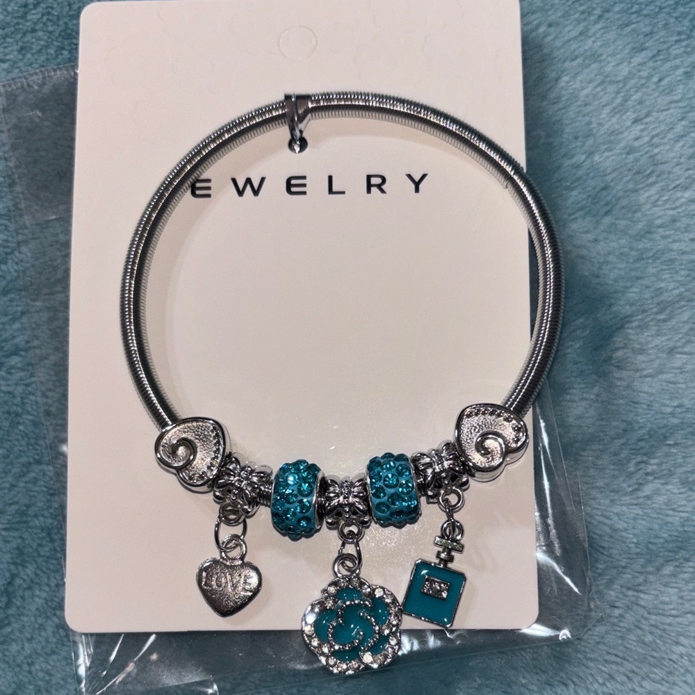 Silver and Teal Charm Bracelet